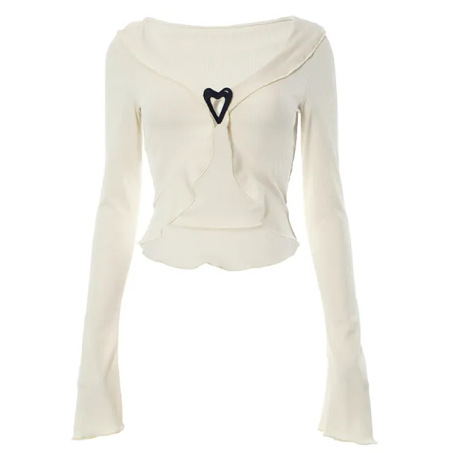 Pure Desire Style V neck Hollow Wooden Ear Heart Buckle Top Apricot - Shop at LoveMi
