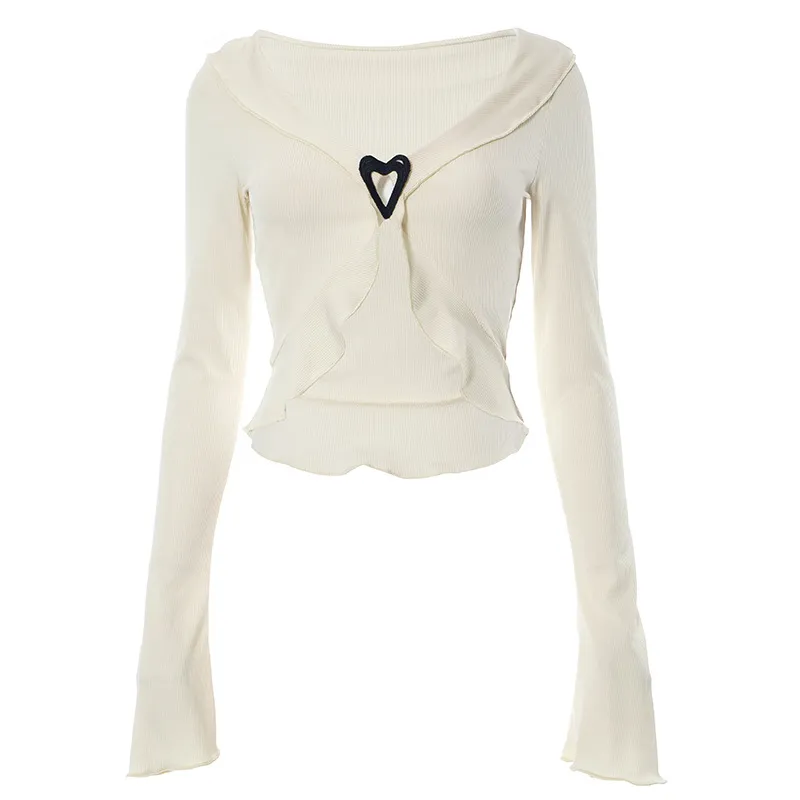 Pure Desire Style V-neck Hollow Wooden Ear Heart Buckle Top - Apricot