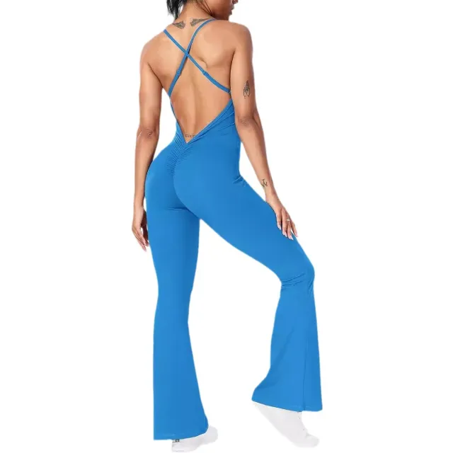 European And American Style Solid Color Sling Sports Style Yoga Bodysuit Blue - Shop at LoveMi