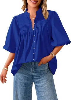 Loose Style Button Shirt Casual Pleated V-neck Shirt - Blue - View 1