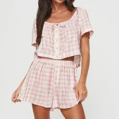 Women's Fashion Bowknot Button Shorts Casual Suit - Pink - View 1