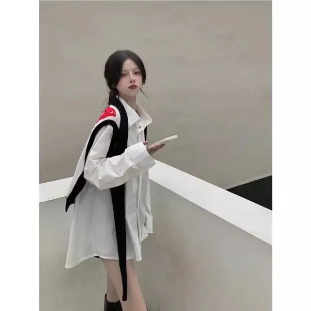 Korean Style Long Sleeve Shirt Cartoon Shawl Sweater Two piece Vest Set Shirt And Shawl M - Shop at LoveMi