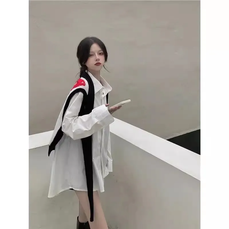 Korean Style Long Sleeve Shirt Cartoon Shawl Sweater Two-piece Vest Set - Shirt And Shawl-M