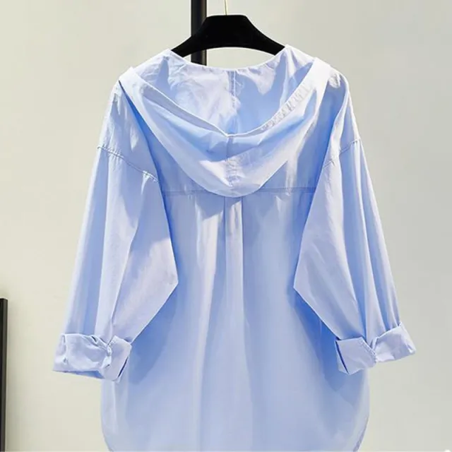 Hooded Pure Cotton Shirt Thin Women's Casual Sun proof Coat Blue - Shop at LoveMi