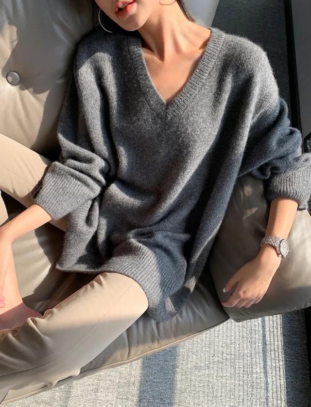 Idle Style V neck Women's Thick Mid length Sweater Gray - Shop at LoveMi