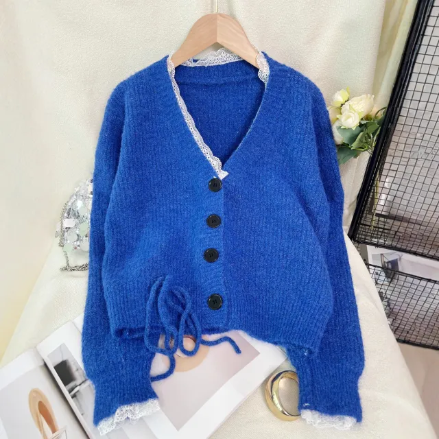 Stitching Lace Fashion Casual Knitted Cardigan V neck Women's Sweater Blue - Shop at LoveMi
