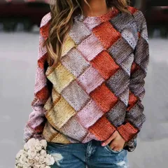 Printed Patchwork Round Neck Raglan Long Sleeve Women's Sweater - Tmw1014Color - View 1
