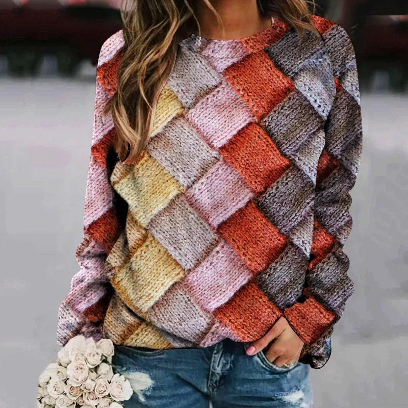 Printed Patchwork Round Neck Raglan Long Sleeve Women's Sweater - Tmw1014Color-Xl