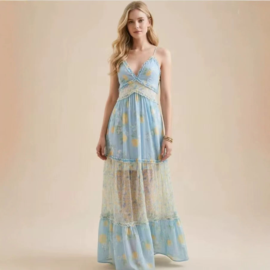 Strap V-neck Floral Ruffled Chiffon Dress product image