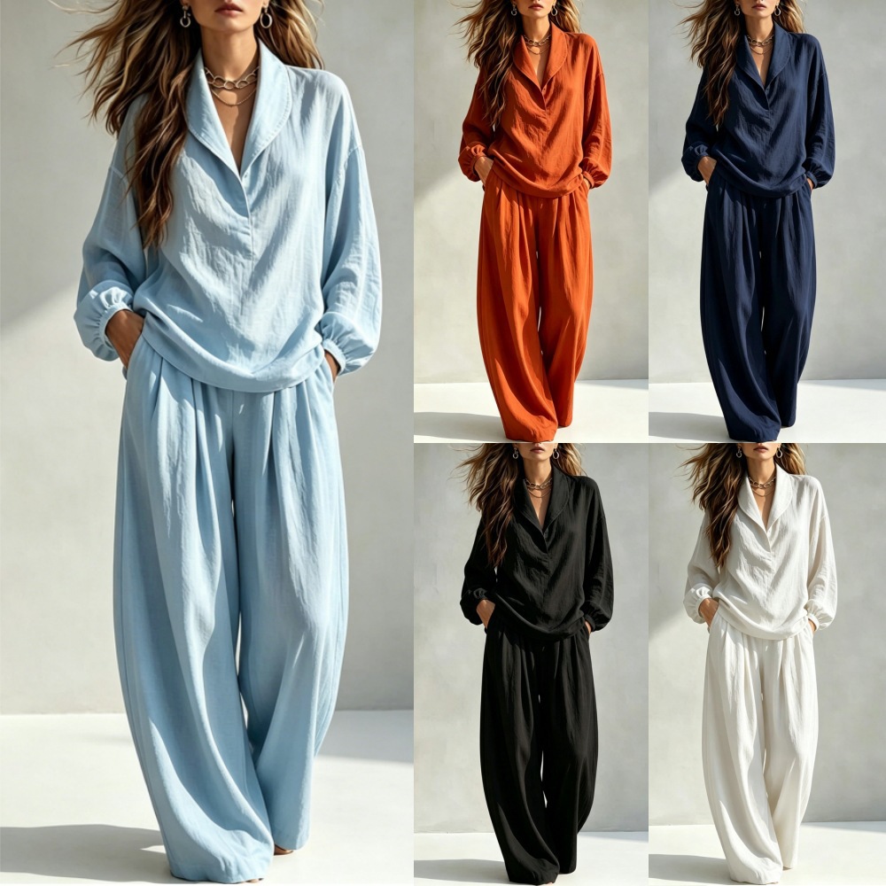Two-piece Set Chic Lapel-collar Long-sleeve Top Relaxed Fit
