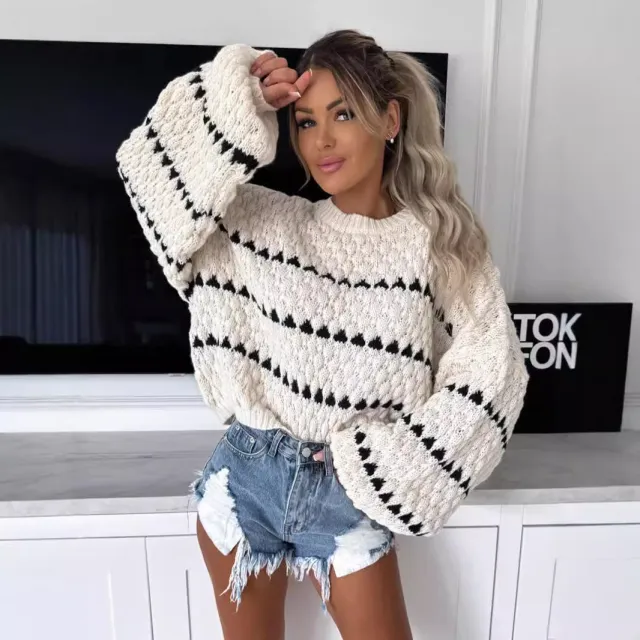 Thick Needle Loose Plus Size Twist Stripes Round Neck Pullover Beige - Shop at LoveMi
