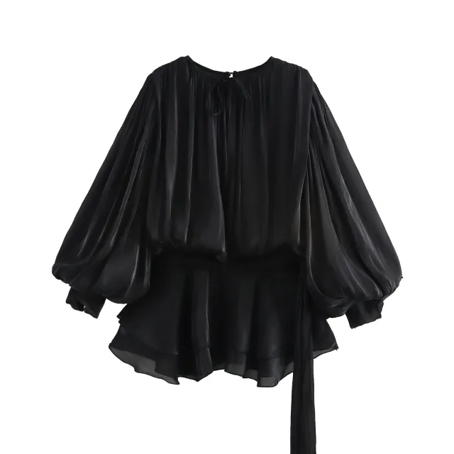 Sexy Loose Lazy Long sleeved Satin Ribbon Flesh covering Slim fit Short Designer Dress Black - Shop at LoveMi