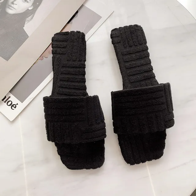 Summer European And American New Flat For Outdoors Square Head Flip Flops Towel Material Green Fashion Simple Plus Size Cotton Slippers Black - Shop at LoveMi