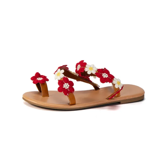 Toe Ring Sandals Flat Flower Flat Women Red - Shop at LoveMi