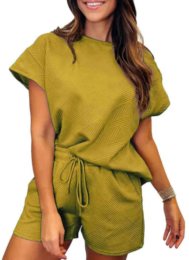 Solid Color Round Neck Short Sleeves Top Shorts Suit Yellow - Shop at LoveMi