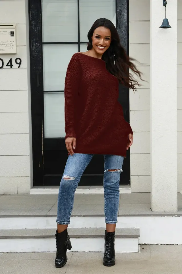 Mid length Off neck Loose Sweater Coat Wine Red - Shop at LoveMi