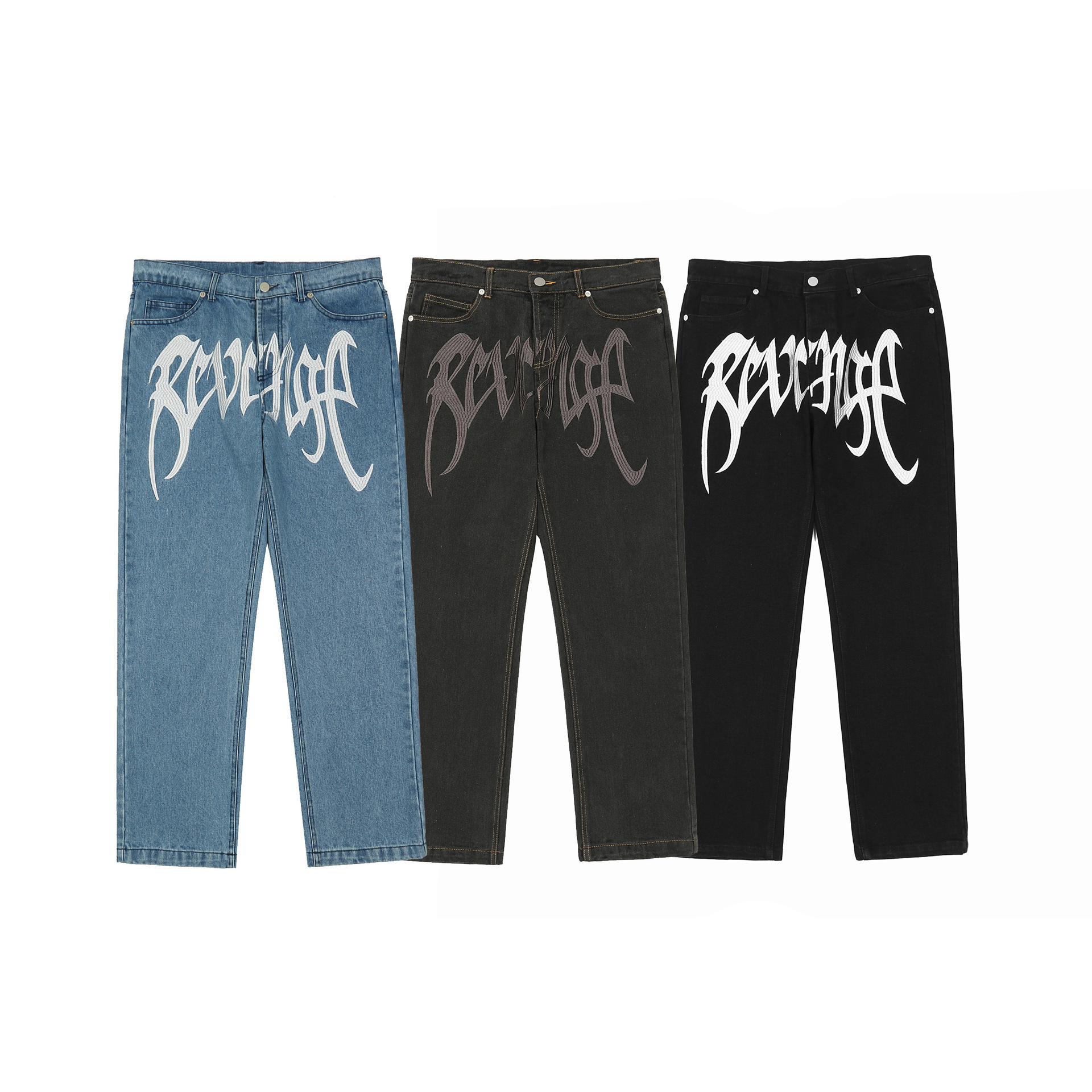 Printed Denim Pants, Trendy Casual Loose-fit Straight-leg Trousers For Men