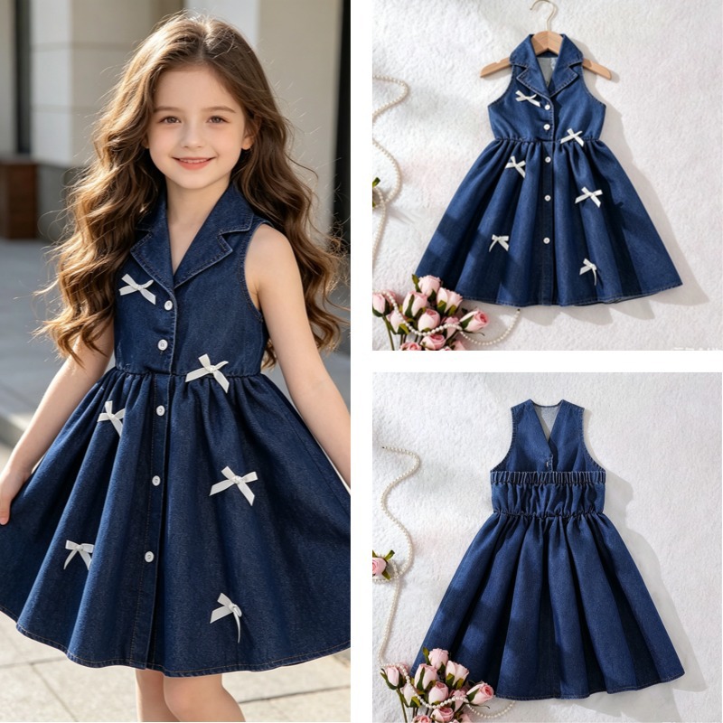 Girls Denim Lapel-Style Dress Set