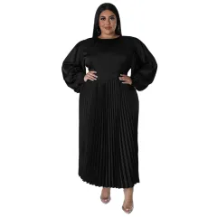 Pleated Round-neck Long Dress Women - Black - View 1
