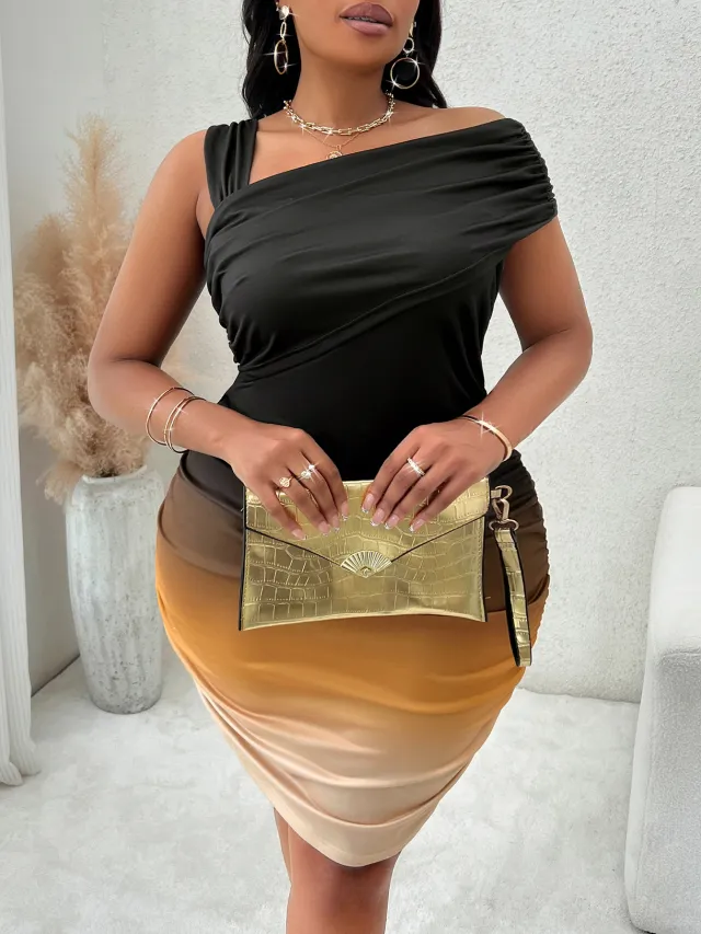 Fashion Female Plus Size Gradient Color Diagonal Collar Dress Black - Shop at LoveMi