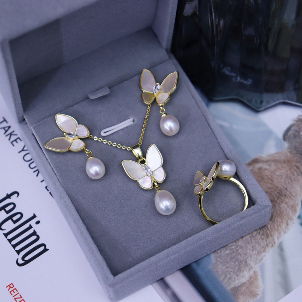 Elegant Natural Freshwater Pearl Butterfly Three-piece Set Women's Simple