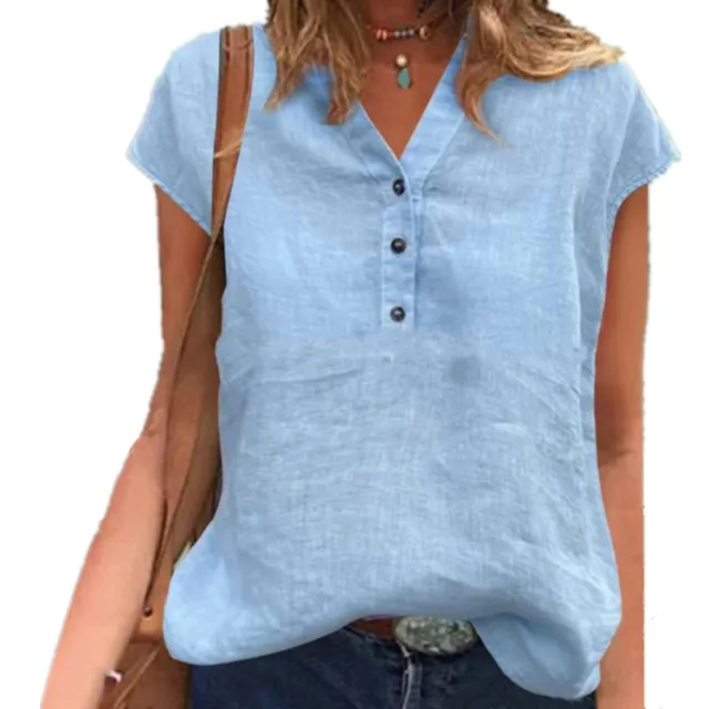 Spring And Summer New Shirt V neck Buttons Short Sleeve Light Blue - Shop at LoveMi