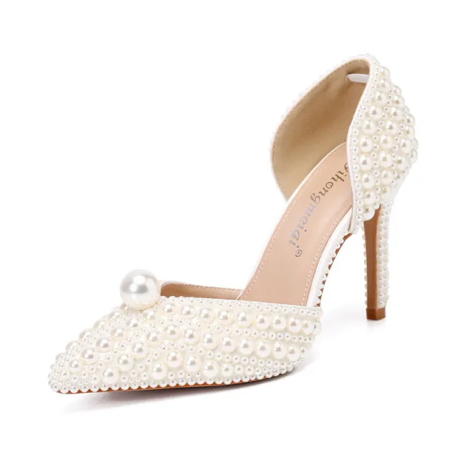 Women's Low cut Pointed toe Stilettos Pearl Wedding Shoes Beige - Shop at LoveMi