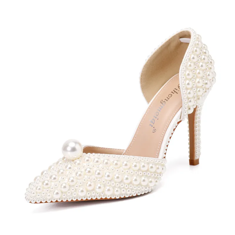Women's Low-cut Pointed-toe Stilettos Pearl Wedding Shoes - Beige