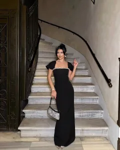 Solid Colour Diamond Evening Dress - Black - View 1