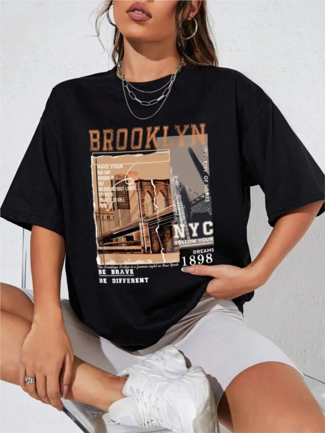 Spring Women's Cotton T shirt Letter Short Sleeve Black - Shop at LoveMi