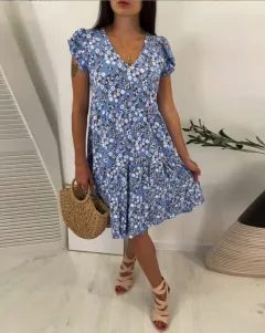 Women's V-neck Floral Short Sleeve Slim Fit Dress - Blue - View 1