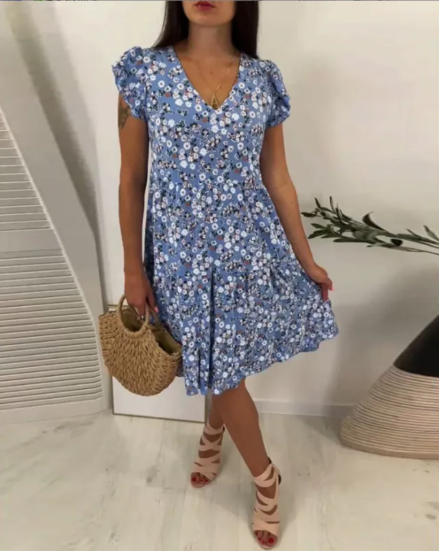 Women's V neck Floral Short Sleeve Slim Fit Dress Blue - Shop at LoveMi