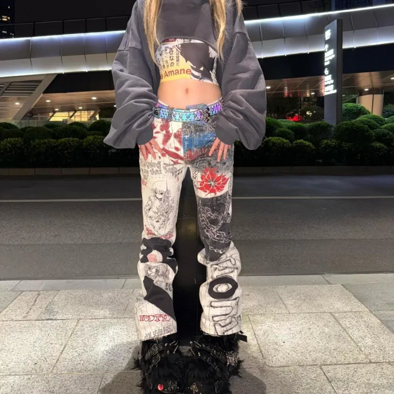 American Spicy Girl Graffiti Print Jeans For Men And Women, New Autumn And Winter Style - Jeans