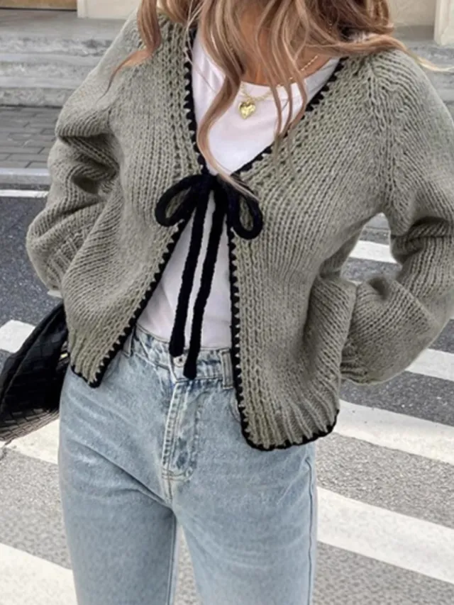 Lace up Sweater Solid Color Loose Long Sleeves Jacket Gray - Shop at LoveMi