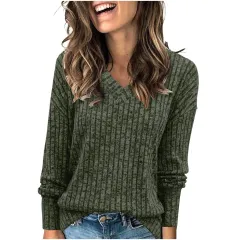 Top V-neck Long Sleeve Sunken Stripe Brushed T-shirt - Olive Green - View 1