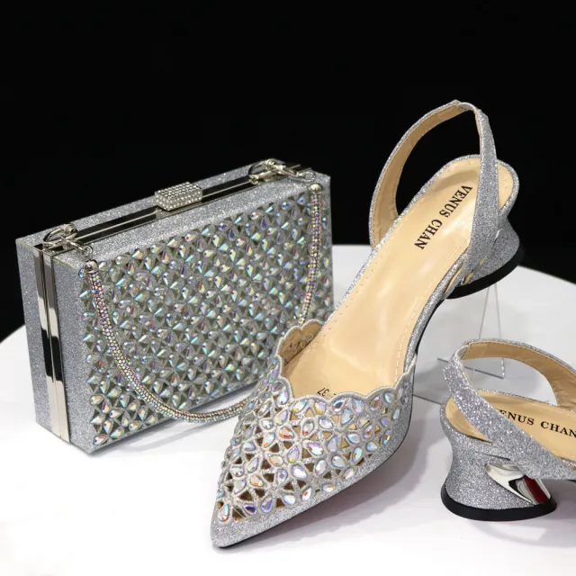 Mid Heel Pointed Women's Sandals Square Hand Bag Set Silver - Shop at LoveMi