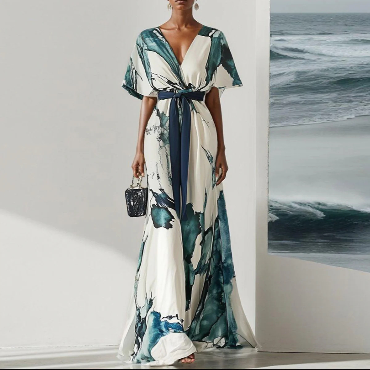 V-neck Digital Printing String Short Sleeve Dress
