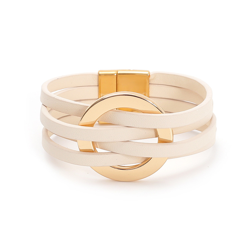 Cross Leather Women Bracelet Metal Big Ring Cuff Bangle Multi-layer Wristband Magnetic Snap Bangle