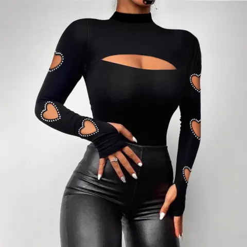 New Slim Fit Hollowed Heart Shape Long Sleeve Top