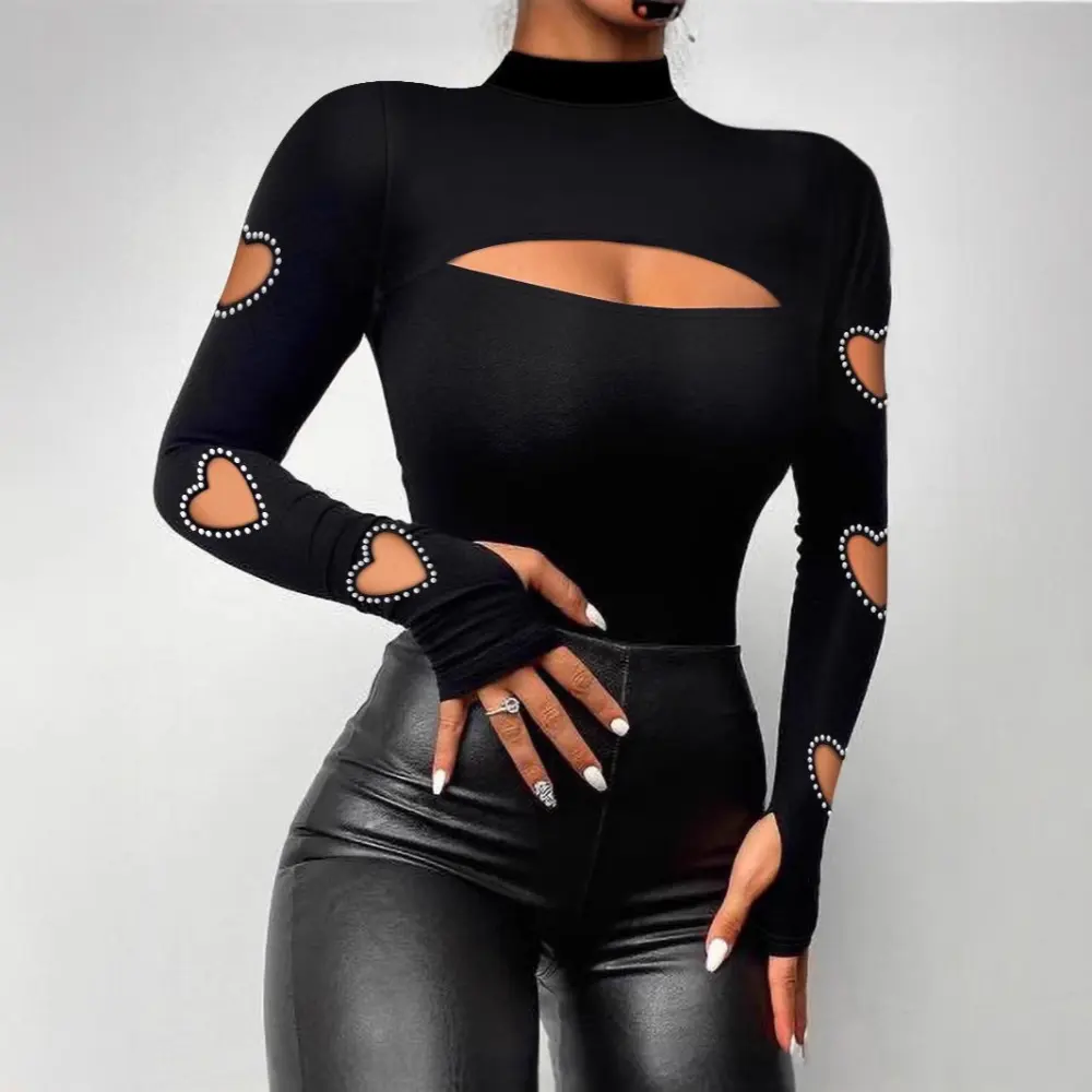 New Slim Fit Hollowed Heart Shape Long Sleeve Top