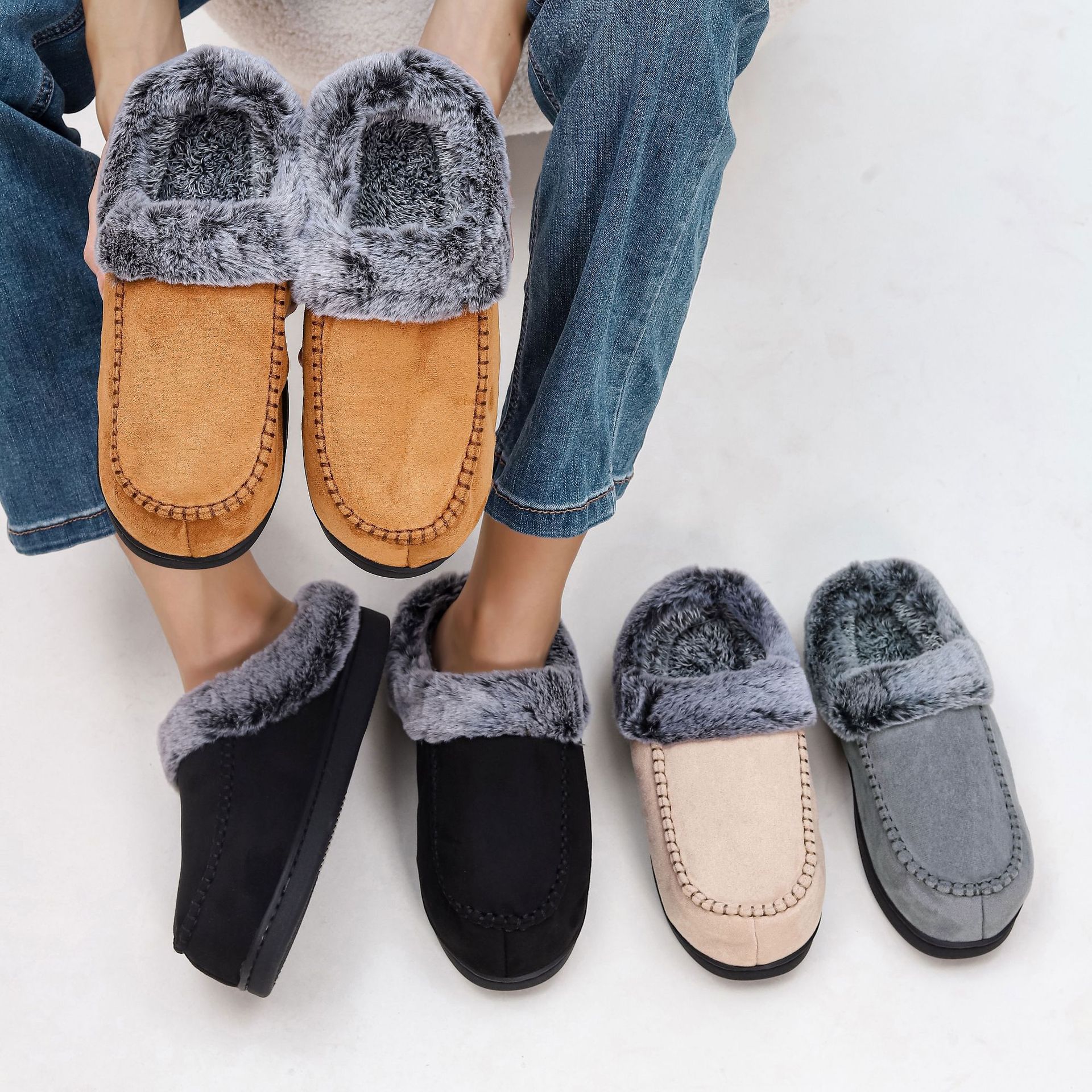 Men's Faded-Edge Mark Shoes WarmIndoor-Outdoor Fleece-LinedNon-Slip Thickened Cotton Slippers