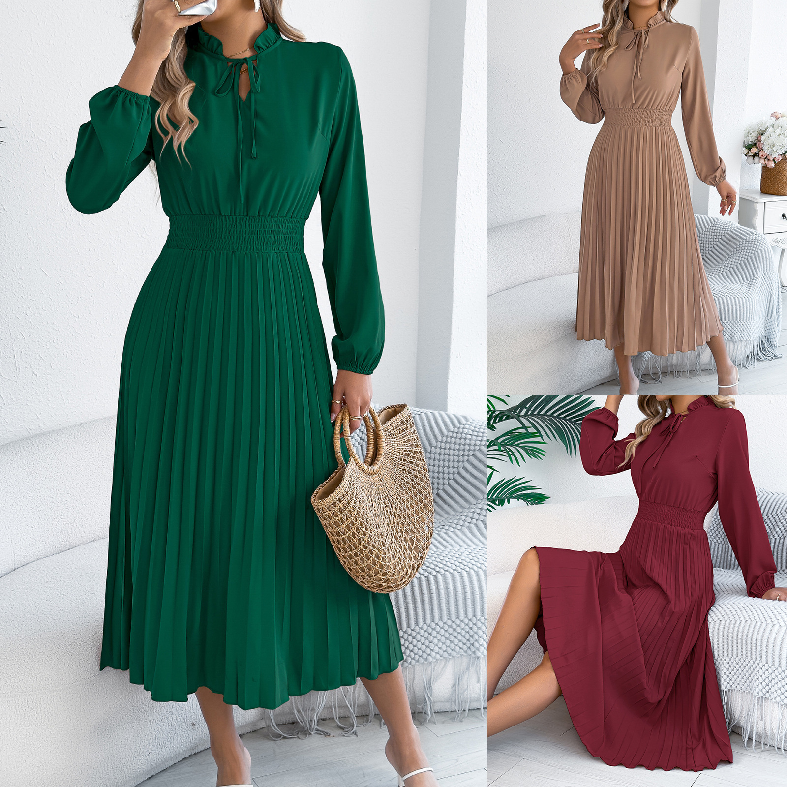 Elegant Lace-Up Lantern-Sleeve Long Pleated Dress