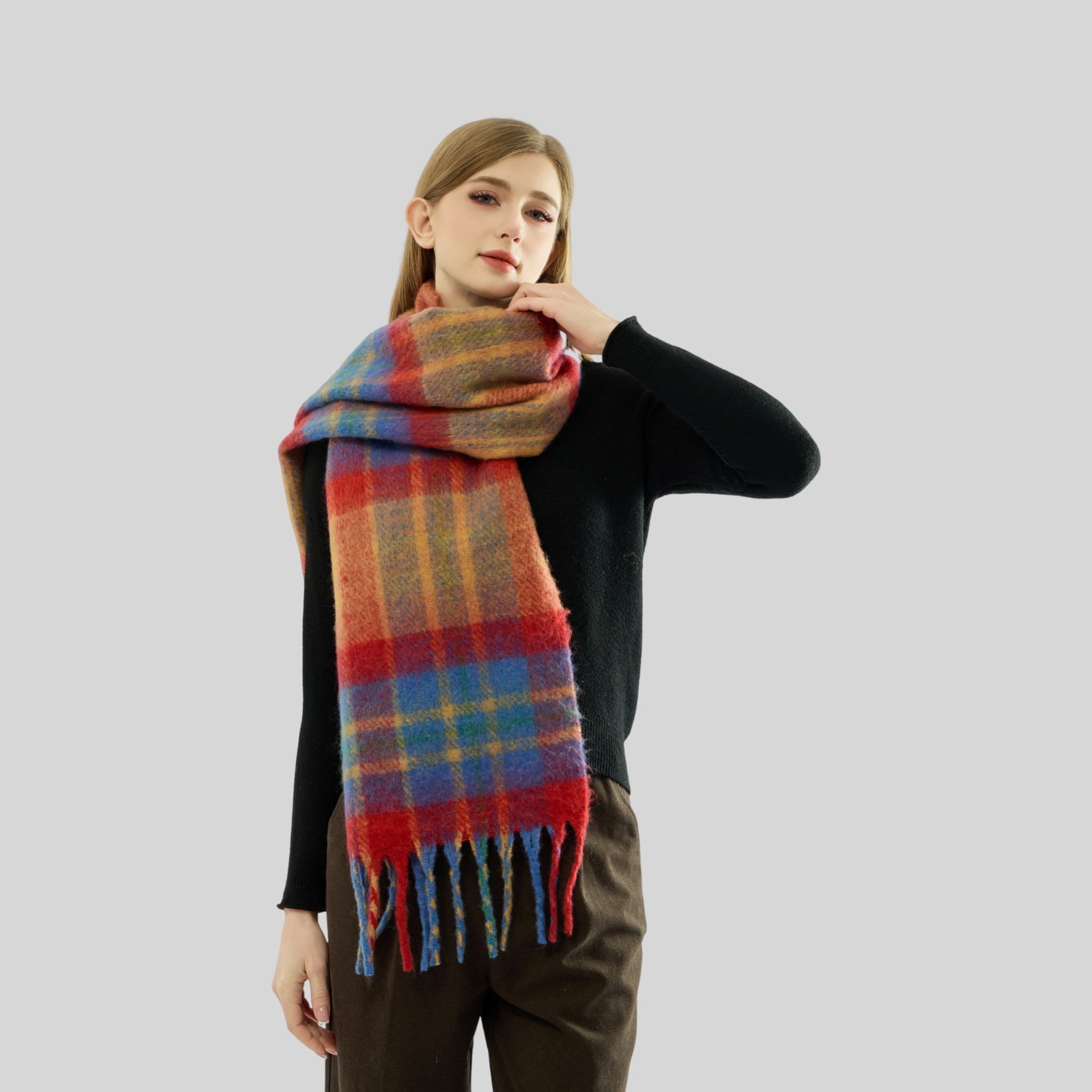 Mohair Rainbow Plaid Fringe Thickened Warm Scarf