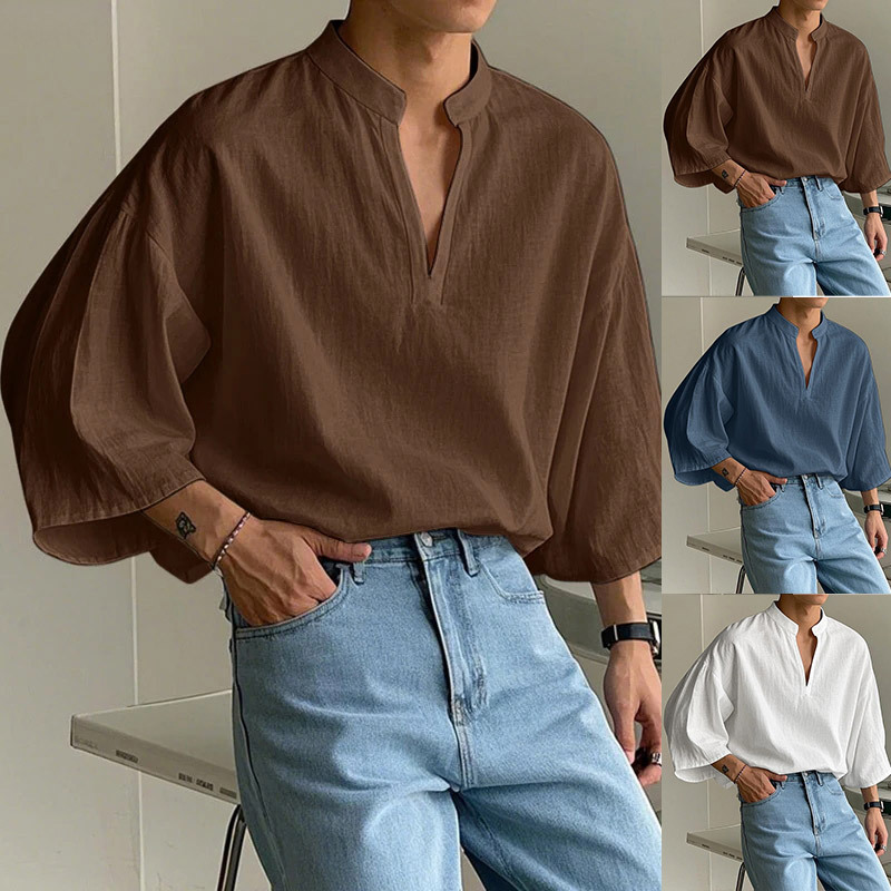 European And American-style Mens Blended Fabric Shirt With A Stand-up V-neck
