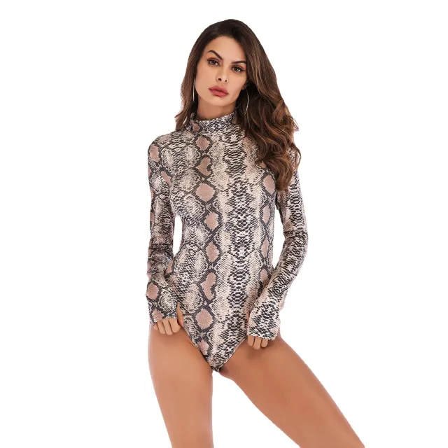 Women's Snake Print Slim Fit Round Neck Long Sleeves Jumpsuit Apricot Snakeskin - Shop at LoveMi