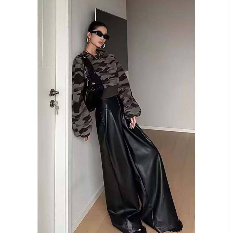 High Waist Drooping PU Leather Pants Female