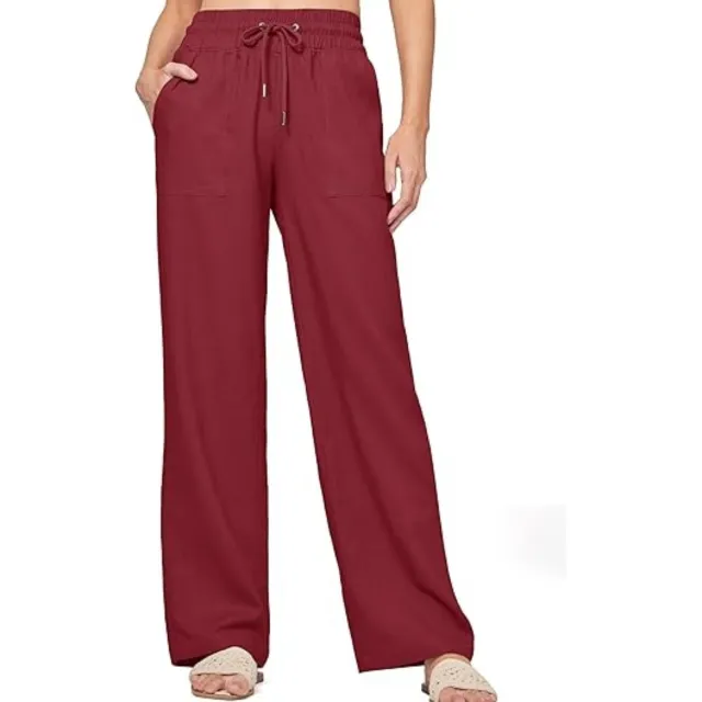 Women's Linen Wide leg Cotton And Linen Casual Beach Summer Pants Wine Red - Shop at LoveMi