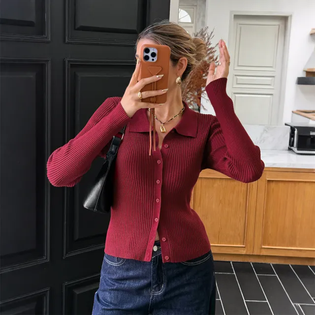 Women's Solid Color Buttons Long sleeved Sweater Dark Red - Shop at LoveMi