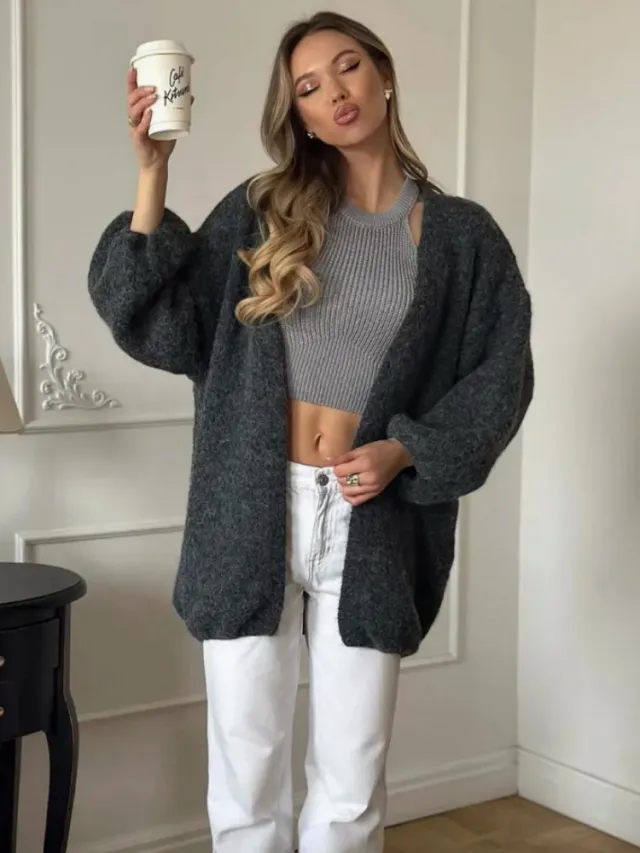 Fashion Mid length Knitted Cardigan Top Women Dark Gray - Shop at LoveMi