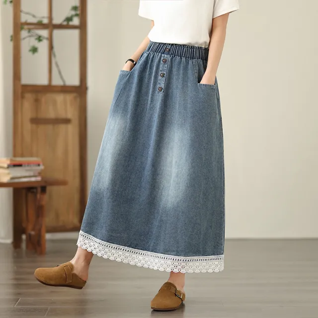 Summer New Plus Size Loose Slimming Plump Girls Stitching Lace Denim Skirt Light Blue - Shop at LoveMi